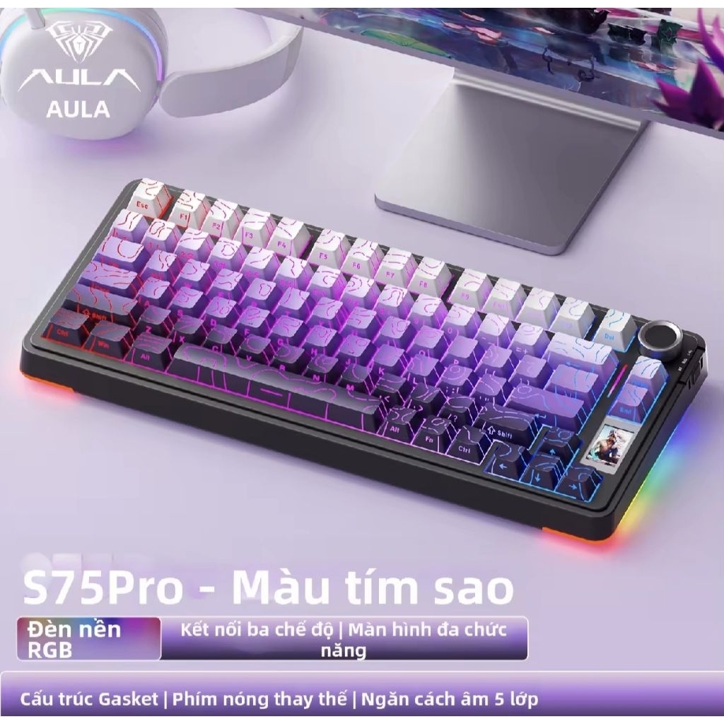 AULA Bàn phím cơ S75/F75 Pro Mạch xuôi Layout 75% 80 keys và núm xoay-Màn hình màu 1.14 TF-Hotswap-LED RGB 16 triệu màu | BigBuy360 - bigbuy360.vn