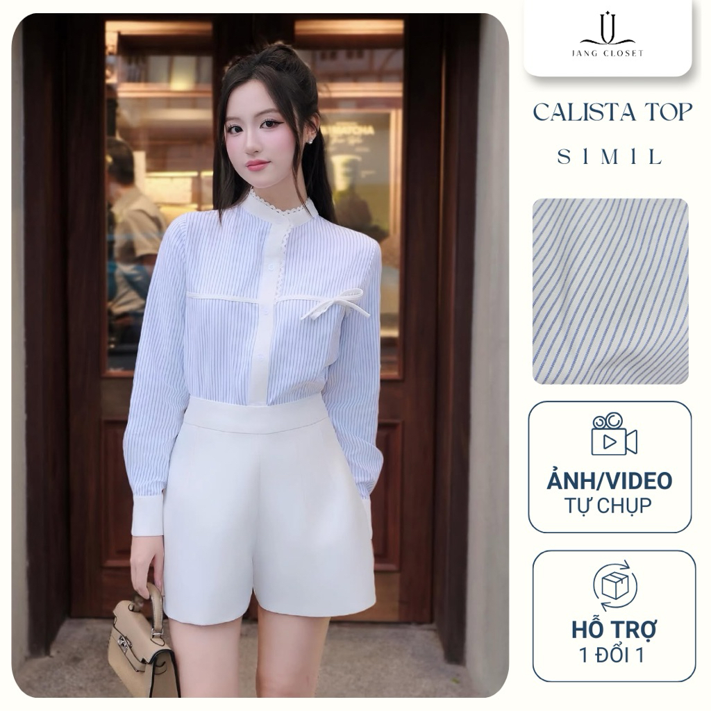 [JANGCLOSET] Áo sơ mi sọc xanh cổ tàu Jang Closet phù hợp đi làm đi chơi CALISTA TOP