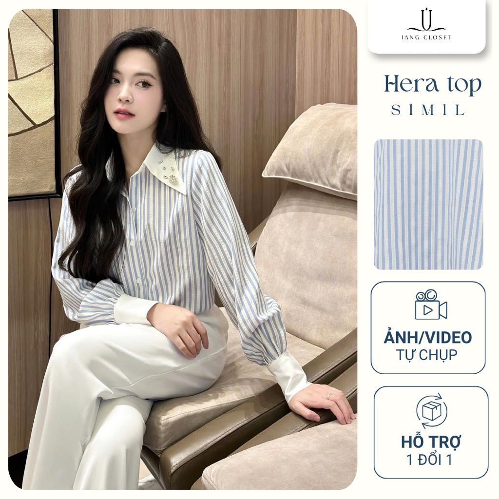 [JANGCLOSET] Áo sơ mi sọc xanh đính đá lá cổ Jang Closet phù hợp đi chơi đi làm HERA TOP