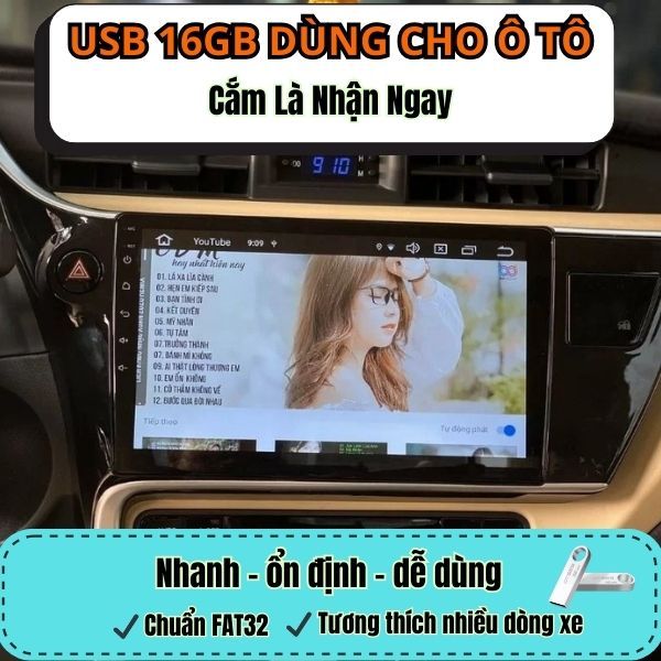 USB 16GB Cho Ô Tô – Dùng Cho Màn Hình Android Xe Hơi, Chuẩn FAT32 Cắm Là Nhận