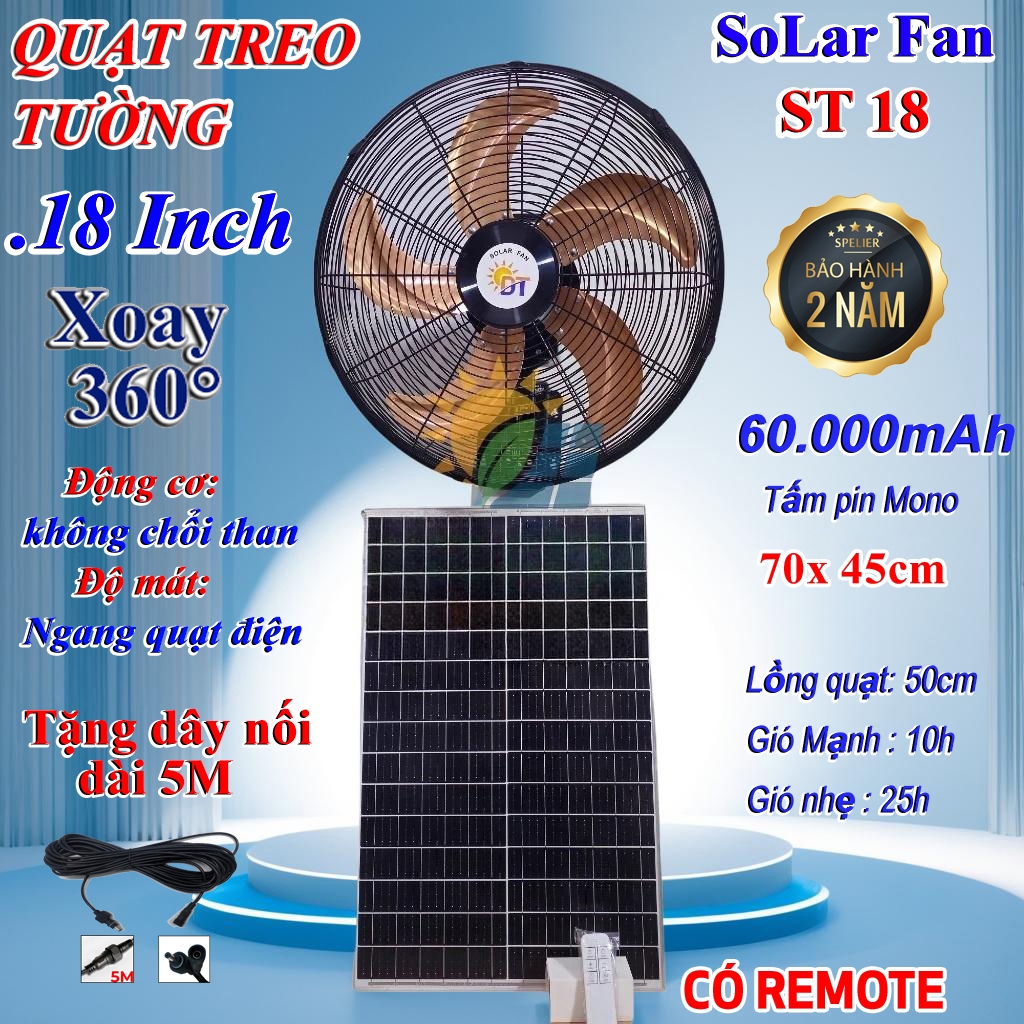 quạt năng lượng mặt trời treo tường Solar Fan 18 inch 60000mAh động cơ không chổi than có điều khiển