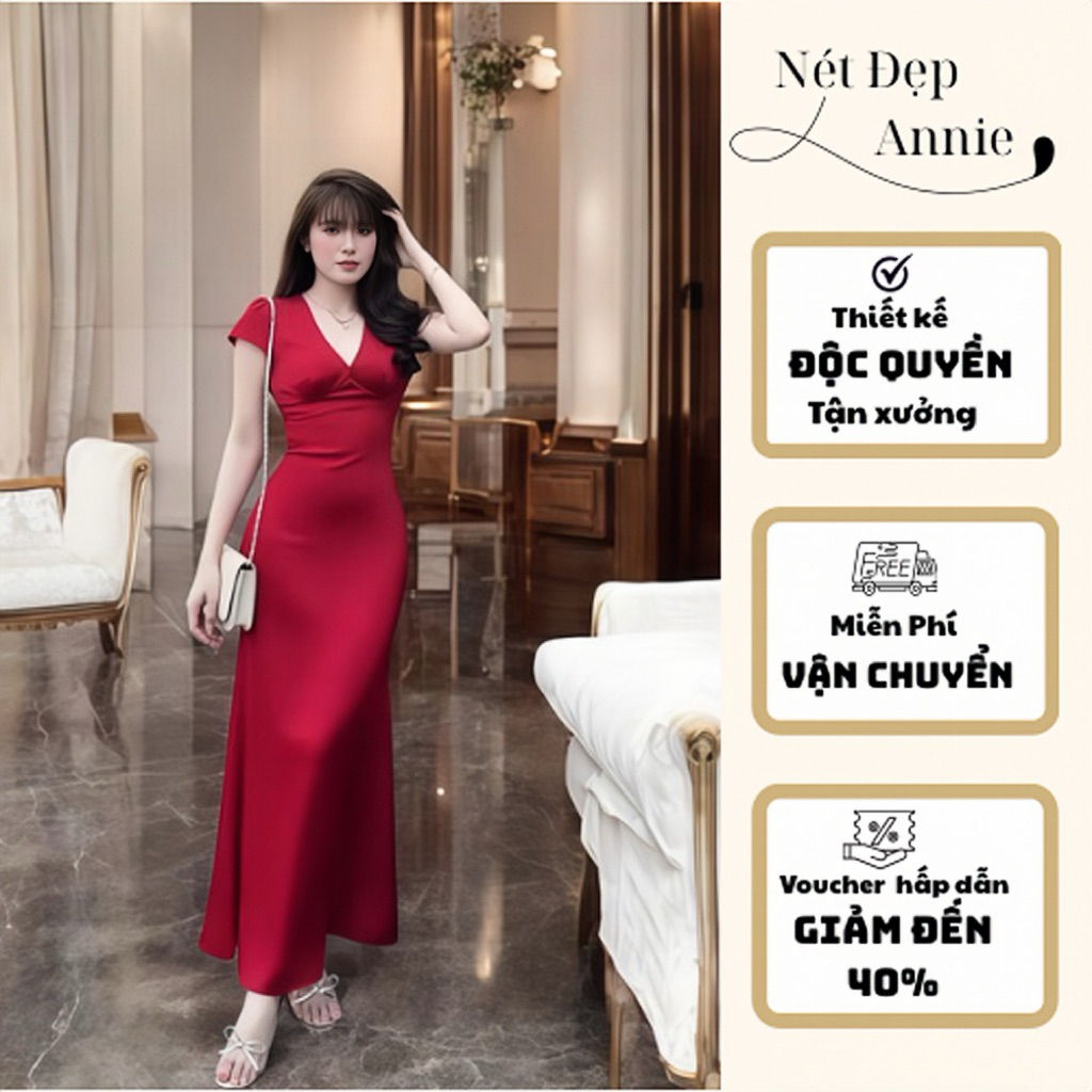 ANNIE Váy Lụa Linen Dáng Dài Cổ V Sang Chảnh Kèm Tag Xinh ,Vải Mịn Mát