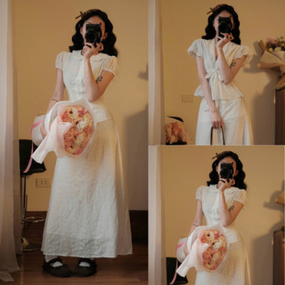 Set Áo Sơ Mi Tay Bồng Mix Chân Váy Midi Ren Thô Boil Dáng Dài Cạp Chun Có Lót Trong Style Tiểu Thư Retrostyle