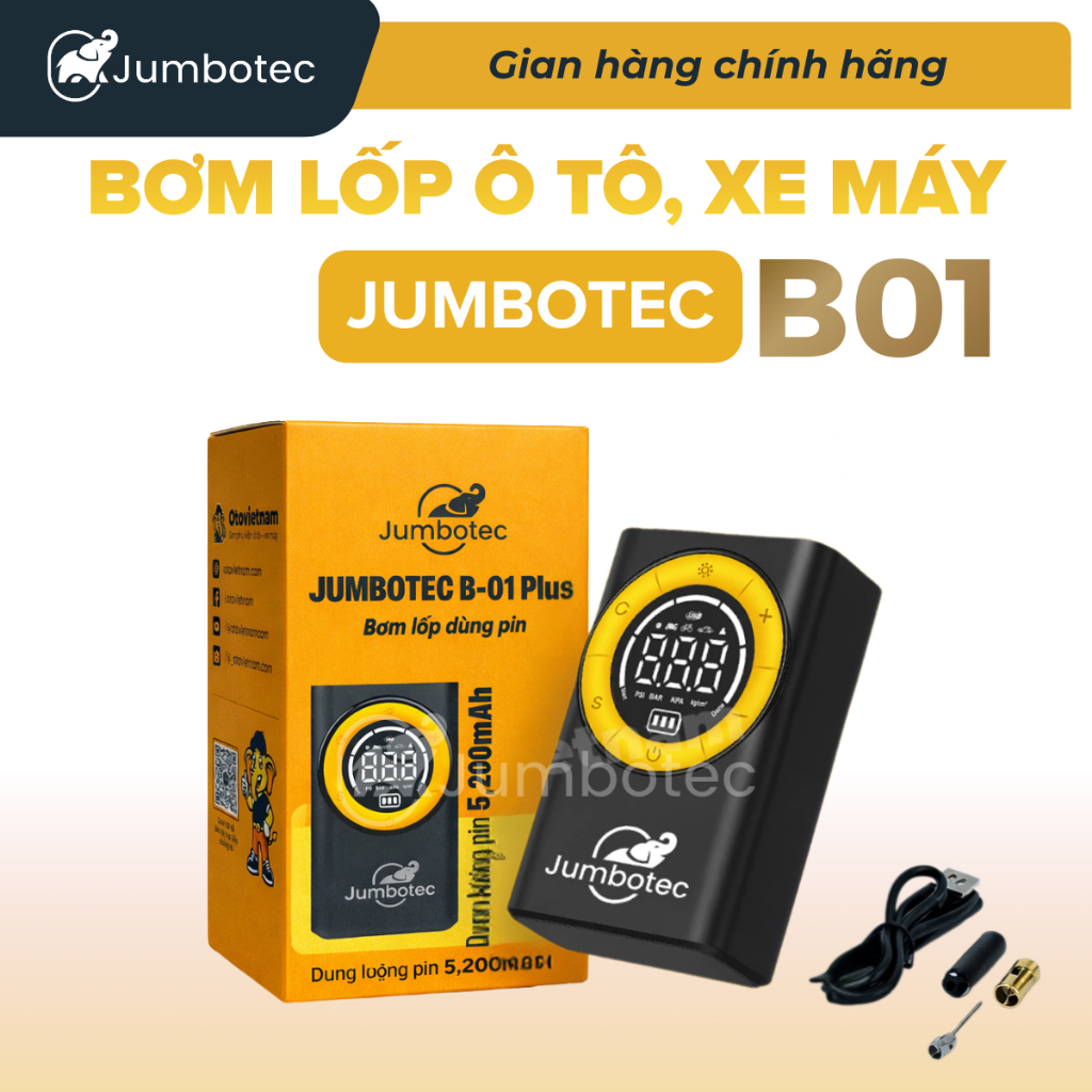 🚗 Bơm Lốp Dự Phòng Mini Jumbotec B01 PLUS – Pin 5200mAh, Tự Ngắt, Bảo Hành 12 Tháng