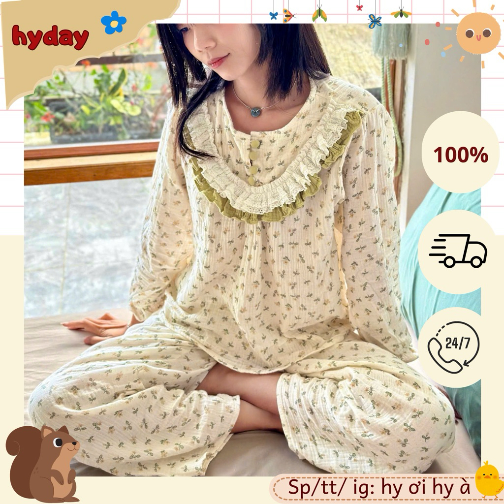 Bộ đồ ngủ nữ xô muslin, pijama tay dài quần dài phối bèo dày mã Nàng Thơ Hyday Muslin