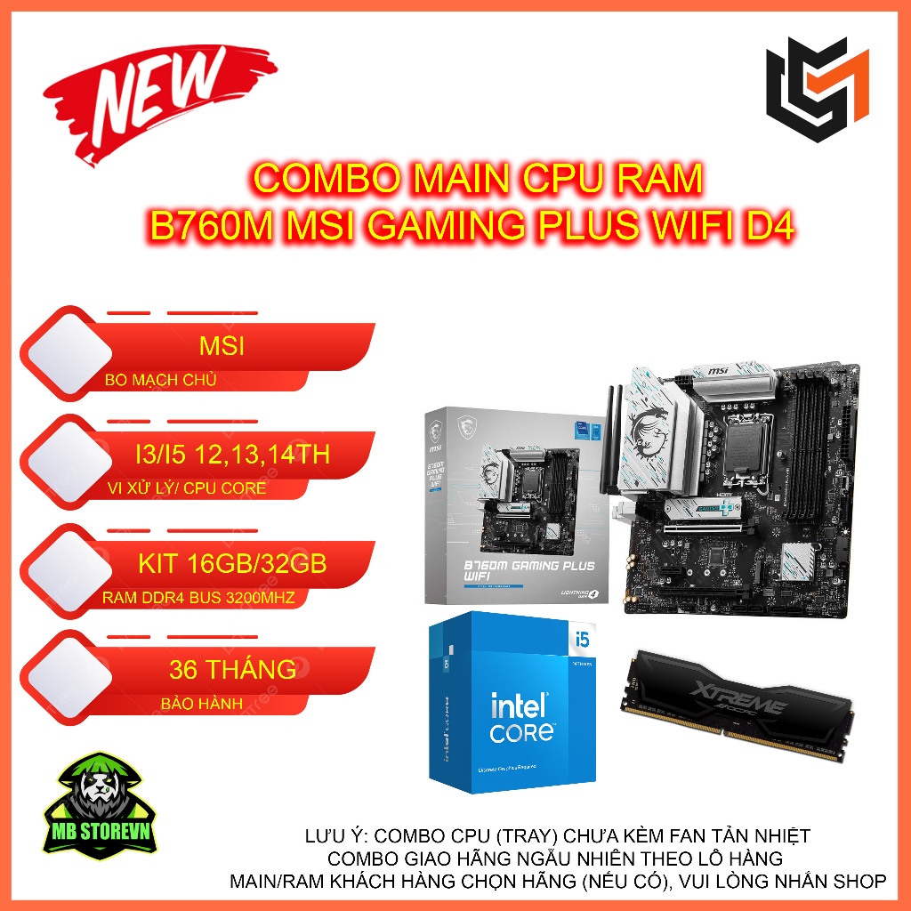 Combo B760M MSI Gaming Plus Wifi D4/I5 14400F/13400F/12400F/16GB RAM - BH 36 THÁNG