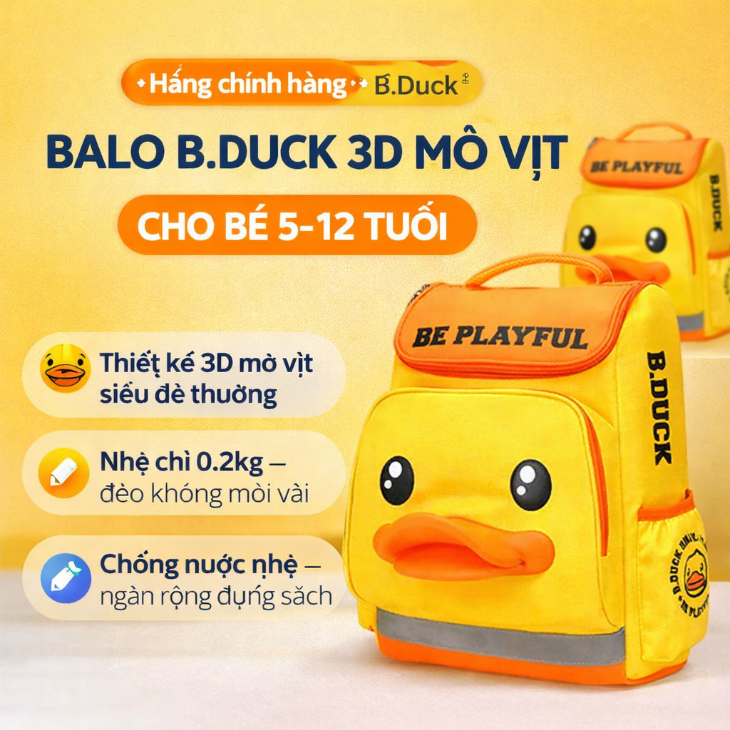 Balo B.Duck 3D Mỏ Vịt Cho Bé 5-12 Tuổi | Ba Lô Học Sinh Tiểu Học Chống Nước Nhẹ Balo Trẻ Em Nam Nữ