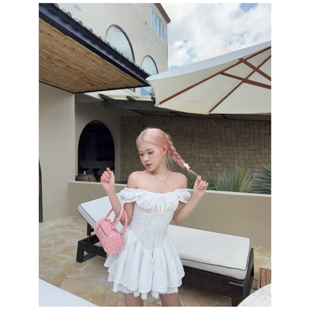 Đầm trễ vai thêu brand FLEURIE nơ nhỏ chân ren lưng chun tiểu thư sang chảnh ảnh độc quyền