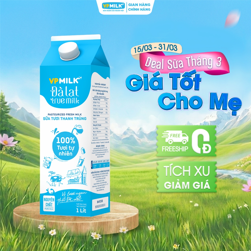 (Chỉ giao HCM) Sữa Tươi Thanh Trùng VPMilk Đà Lạt True Milk - không đường