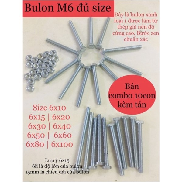 10 bộ bulon+tán M6| size M6x10/M6x15/M6x20/M6x25/M6x30/M6x40 mm