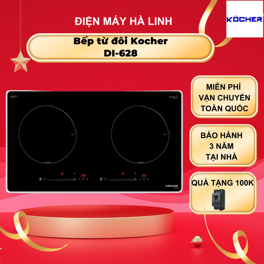 Bếp từ đôi Kocher DI-628, Công suất 4400W, Mặt kính Ceramic, Nhập khẩu Malaysia, Bảo hành 3 năm