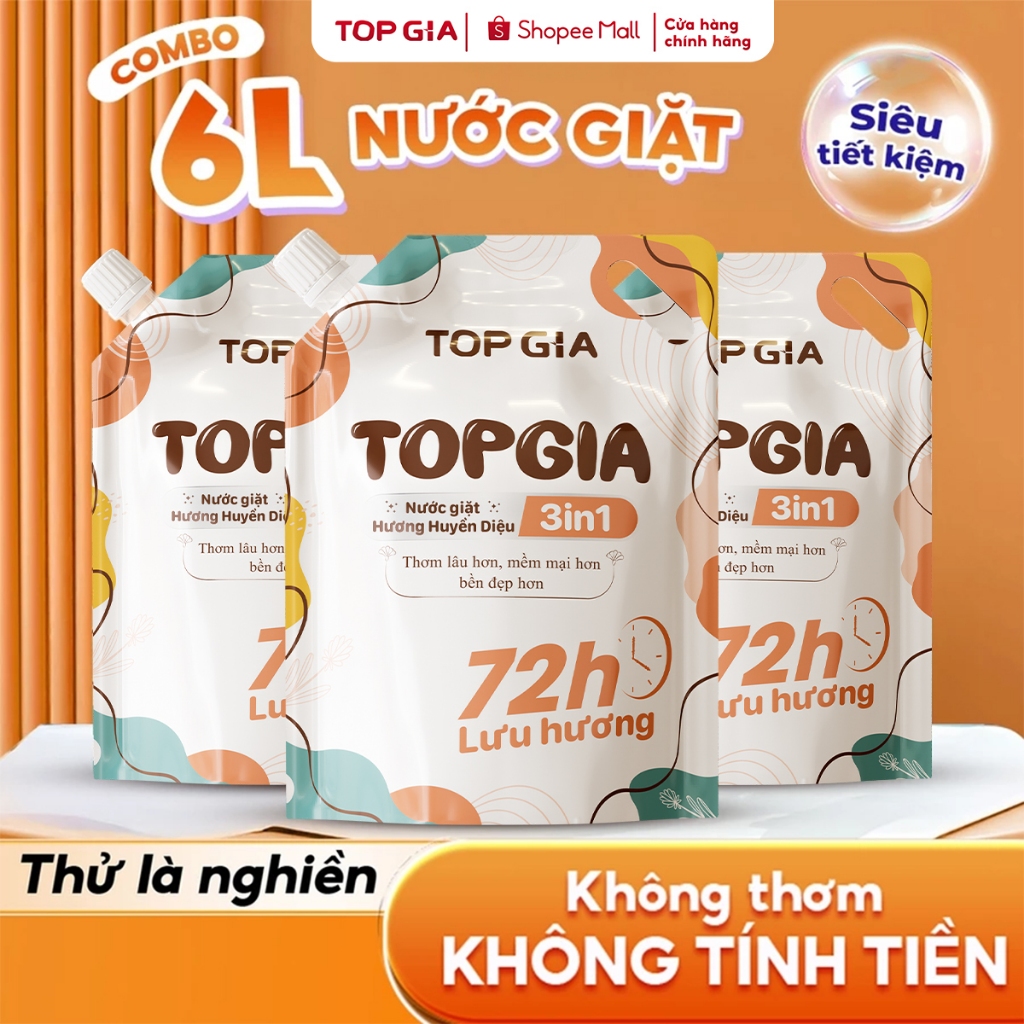 Combo 6L Nước Giặt Xả TopGia 3in1 Hương Huyền Diệu Dịu Nhẹ, Làm Sạch Sâu, Lưu Hương 72h