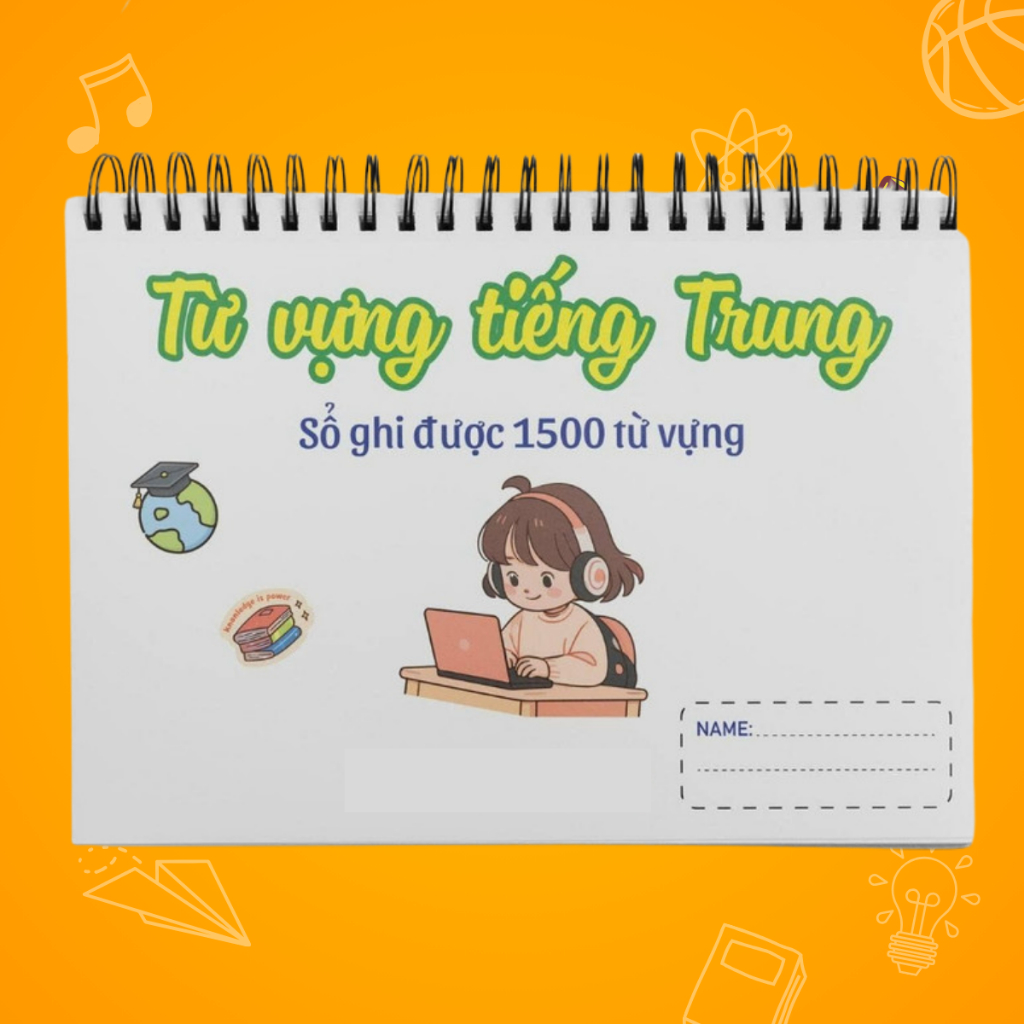 (A5) 120tr Sổ tay học từ vựng học tiếng trung 1500 từ, sổ lò xo mở 360- có lớp bìa mika ở ngoài(4044)