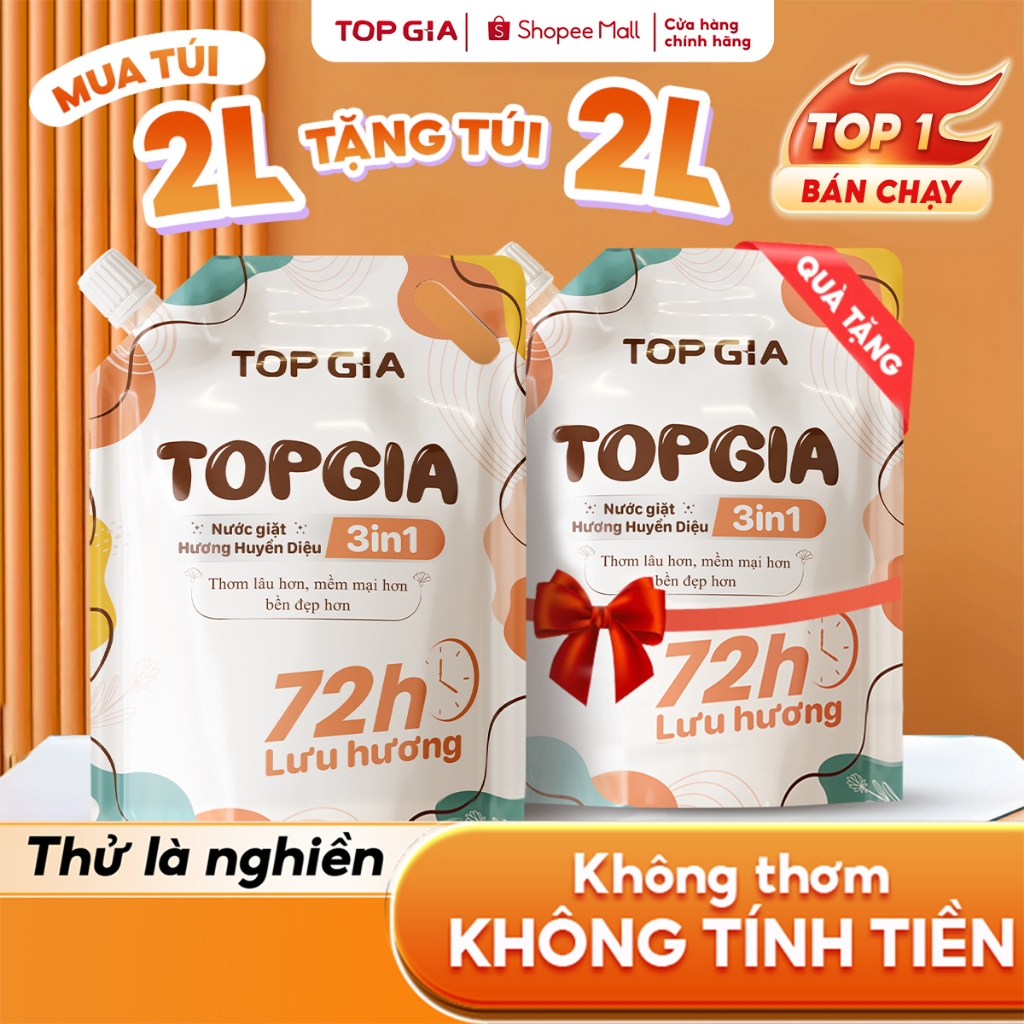 Nước Giặt TopGia 3in1 Hương Lavender, Huyền Diệu Dịu Nhẹ Làm Sạch Vết Bẩn, Lưu Hương 72h, Túi 2L