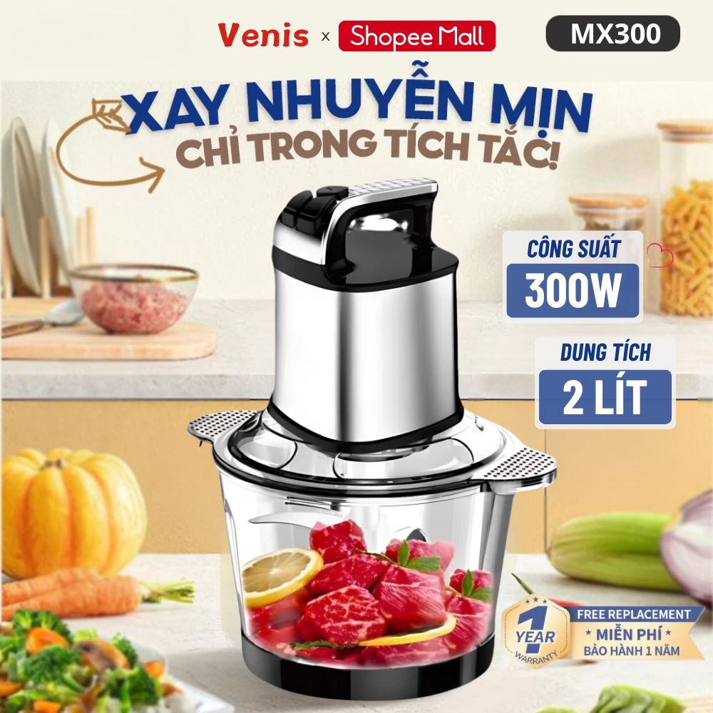 [THẺ TRÚNG THƯỞNG] Máy Xay Thịt Đa Năng Inox 304 MEGUN, 4 Lưỡi Dao Sắc 300W, Dung Tích 2 Lít