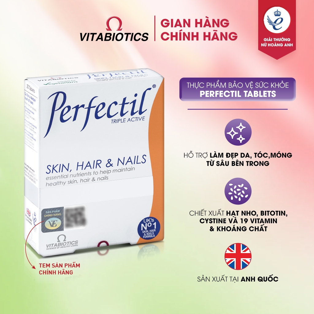 Thực Phẩm bảo Vệ Sức Khỏe PERFECTIL Hỗ Trợ Làm Đẹp Da, Bổ Sung Biotin Và Vitamin Ngừa Oxy Hóa Hộp 30 Viên Vitabiotics