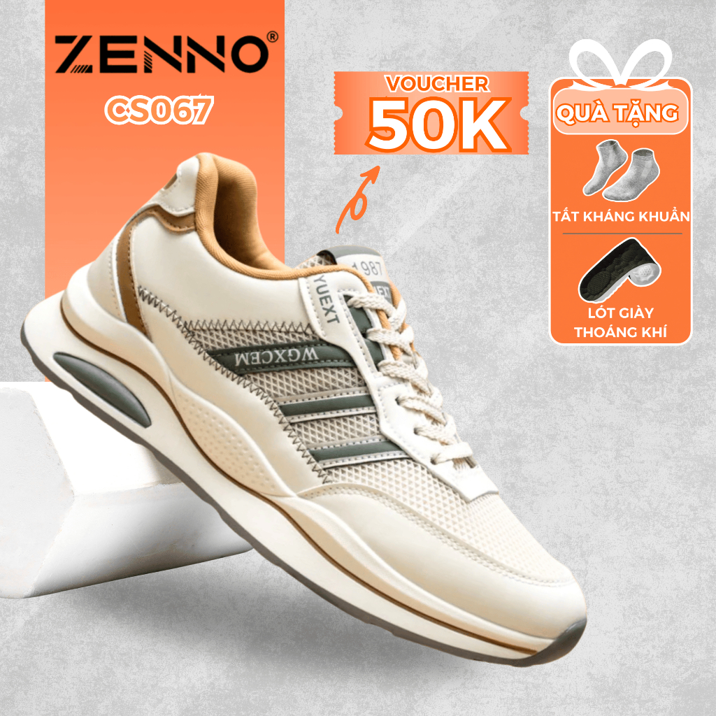 Giày Sneaker Thể Thao Nam ZENNO CS067 Da Cao Cấp Đế Cao Su Nguyên Khối Êm Tăng Chiều Cao 4,5cm