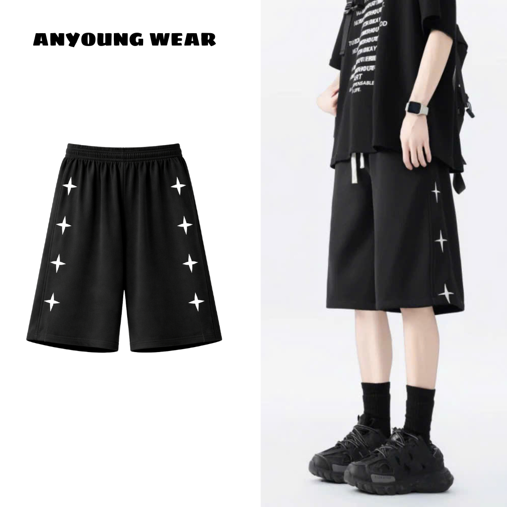 QUẦN SHORT NAM ANYOUNG WEAR – QUẦN SHORT THUN ĐEN HỌA TIẾT NGÔI SAO, PHONG CÁCH STREETWEAR CÁ TÍNH Q