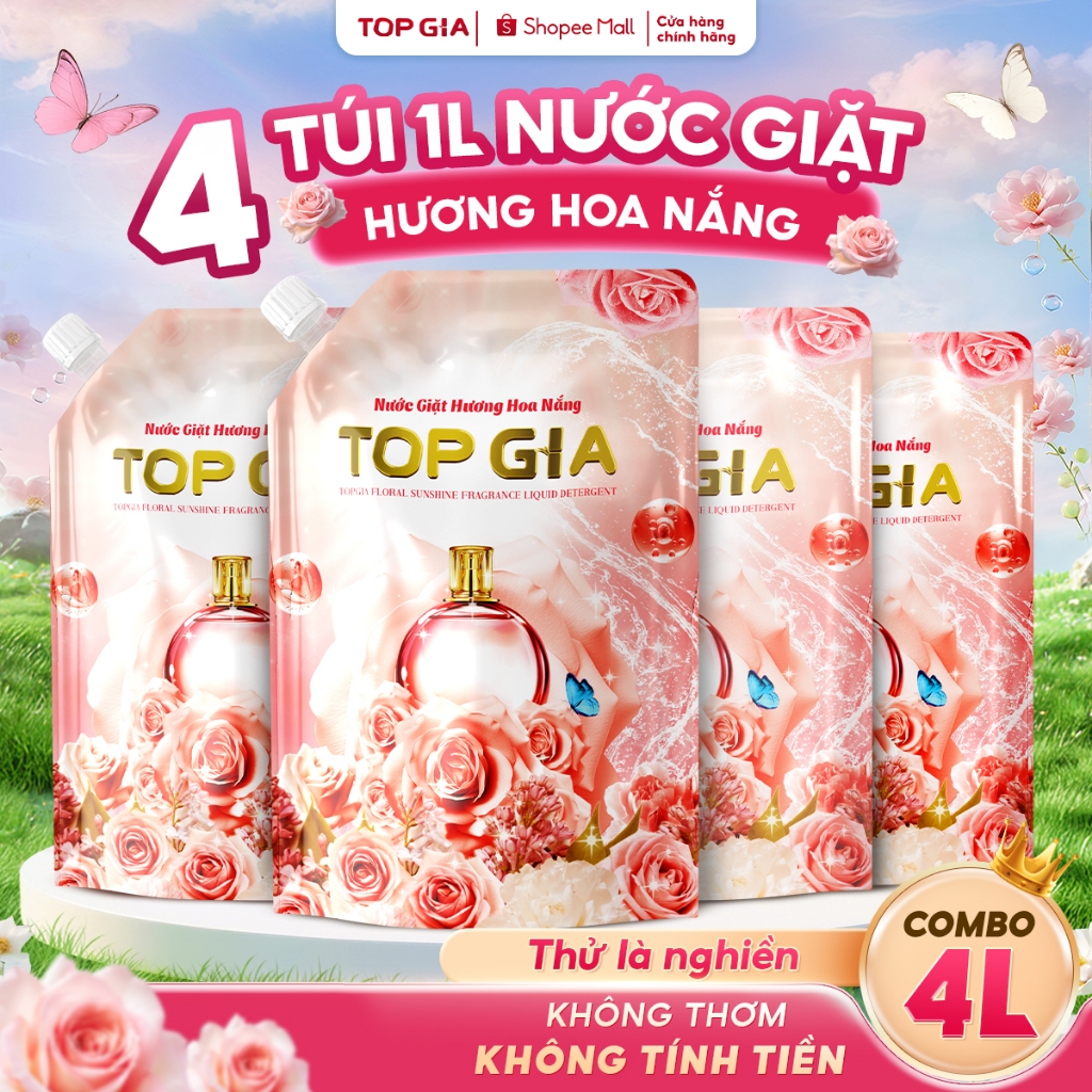 Nước giặt xả Top Gia hương hoa nắng và đắm say dịu nhẹ túi 1L giúp làm sạch khuẩn lưu hương 72H