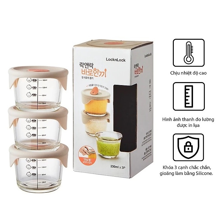 Bộ 3 Hộp Đựng Thức Ăn Cho Bé Lock&Lock Có Vạch Chia LLG508S3 230ml