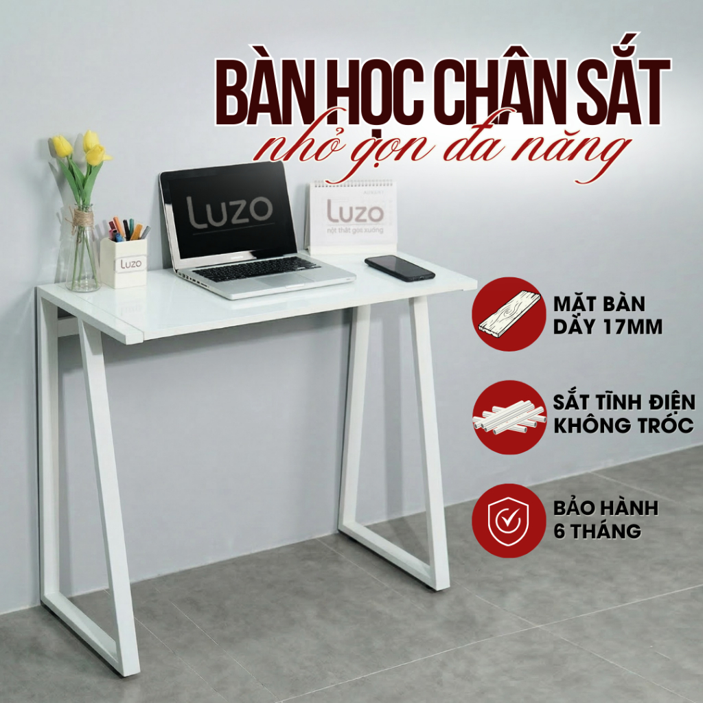 Bàn Gỗ Học Sinh Cao Cấp Bàn Học Làm Việc Sinh Viên 80cm Nhỏ Gọn Chân Sắt Chữ K  Luzo Home