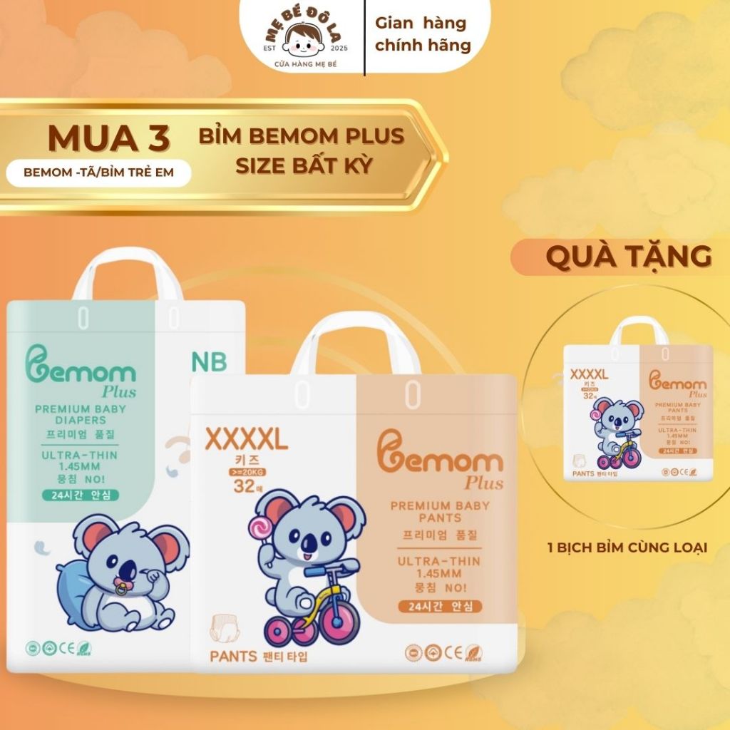 3 Bịch Tã Bỉm Bemom Plus - Tặng 1 Bịch Bỉm Cùng Loại - Tã Dán Tã Quần Bemom Plus Full Size
