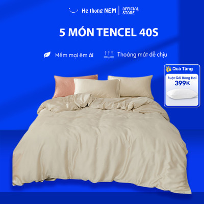 Bộ Ga Giường 5 Món He thong NEM Cao Cấp Set Drap Giường Chăn Ga Gối Lụa Tencel Cotton Trải Phủ Giường Êm Ái Sang Trọng