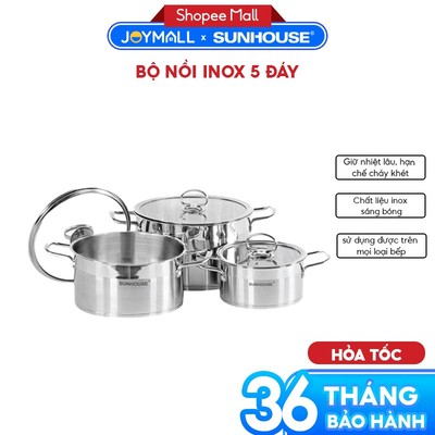Bộ Nồi Inox 5 Đáy Sunhouse Mama SH784, Hàng Chính Hãng, Gồm Size 16-20-24cm, Inox Cao Cấp- JoyMall