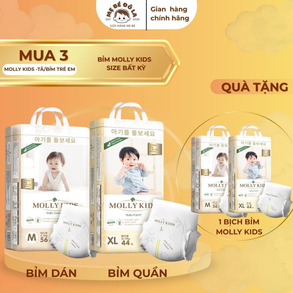 3 Bịch Bỉm Molly Kids - Tặng 1 Bịch Molly Kids Cùng Loại . Tã Bỉm Molly Kids Full Size NB-4XL