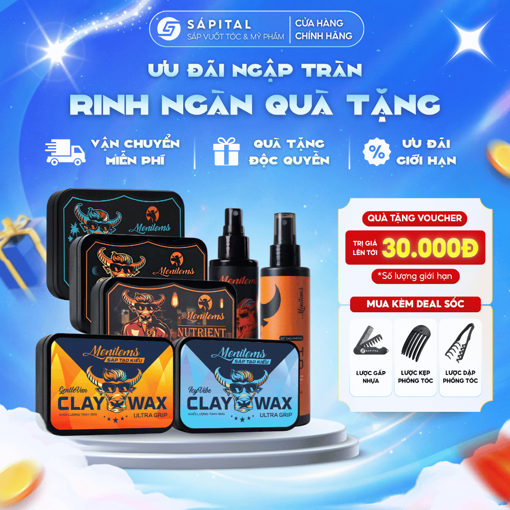 Sáp vuốt tóc MENITEMS Tropical Wind, Perfect Night, Gentle Blue, Ultra Grip, Xịt tạo phồng