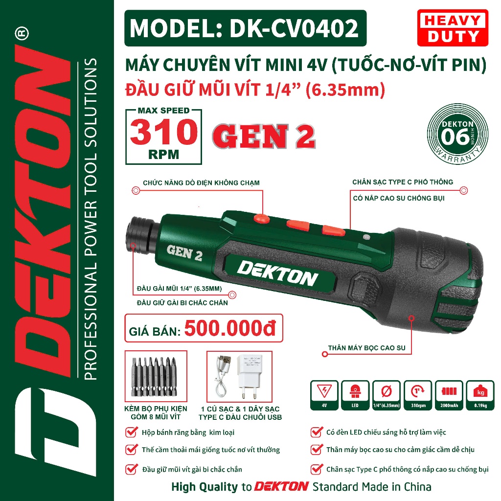 Máy Vít DEKTON CV0402 bản mới 310v/p / Pin 2000mah / Có dò điện