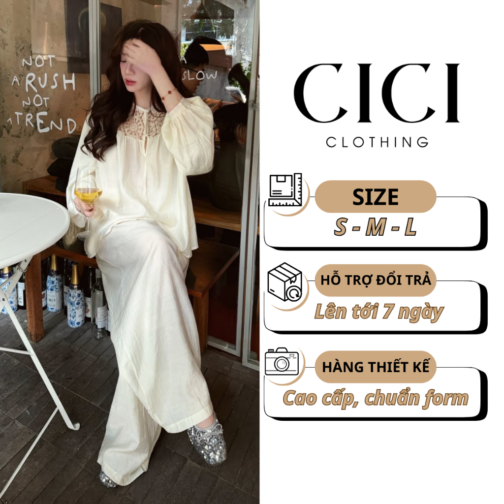 Set Áo Babydoll Voan Tơ Phối Ren Kèm Quần Dài Dáng Suông Màu Kem Phong Cách Tiểu Thư - Cici Clothing