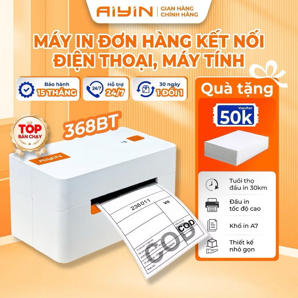 Máy In Nhiệt Bluetooth Mini AYIN 368BT In Khổ A7, Máy In Đơn Hàng TMĐT, In Mã Vận Đơn, In Logo BH 15