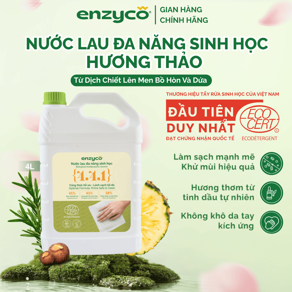 Nước Lau Đa Năng Sinh Học ENZYCO Từ Bồ Hòn và Dứa Đạt Chứng Nhận ECODETERGENT - ECOCERT 4L