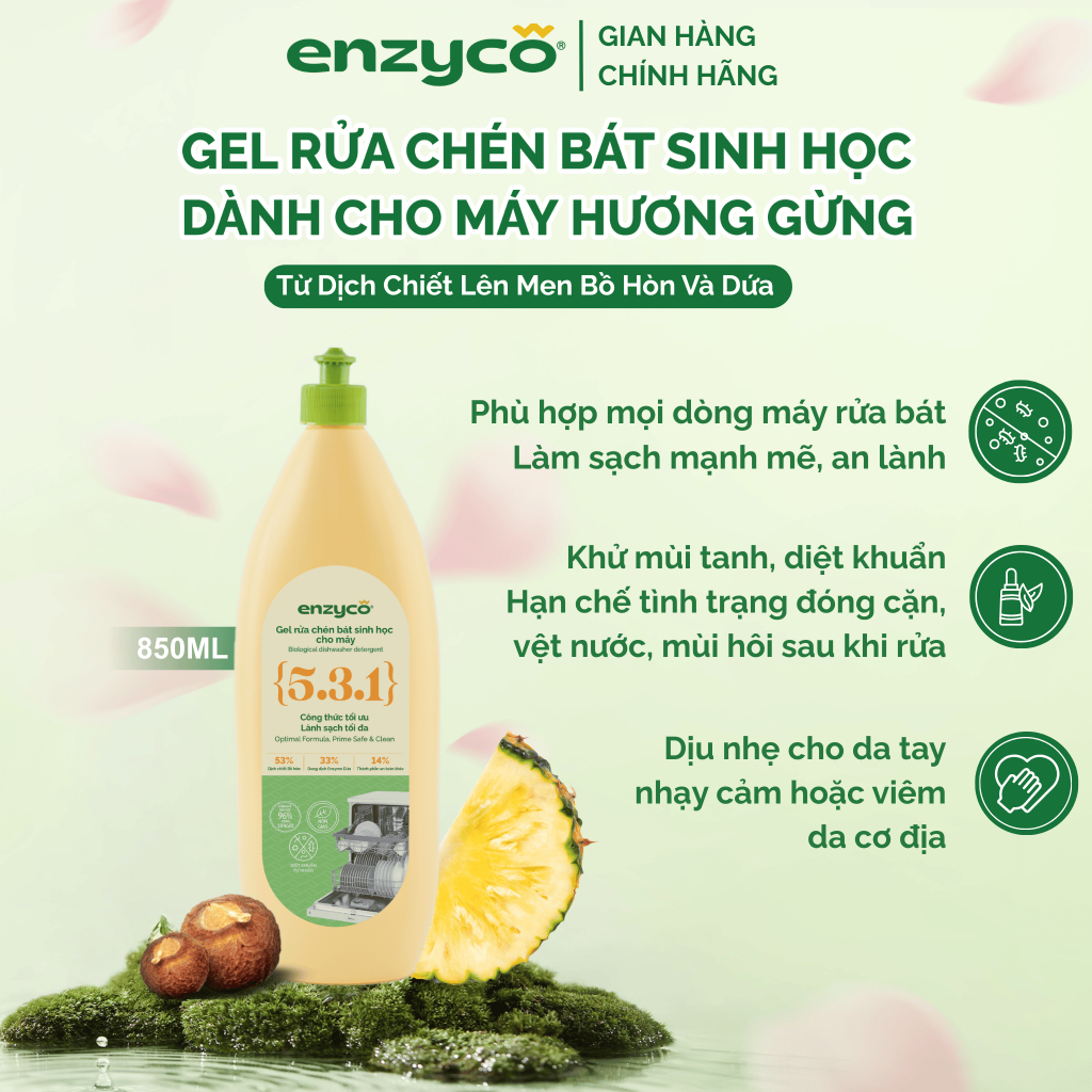 Gel Rửa Chén Bát Sinh Học ENZYCO Chuyên Dùng Máy Rửa Bát 850ml - Từ Dịch Chiết Bồ Hòn Và Dứa