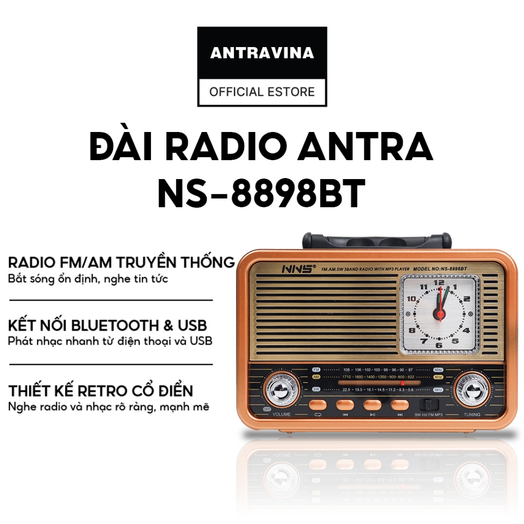Đài Radio NNS 8898BT Thiết Kế Tone Nâu Cô Điển, Tích Hợp Đồng Hồ - Nghe Radio - Nghe Nhạc -  Decor