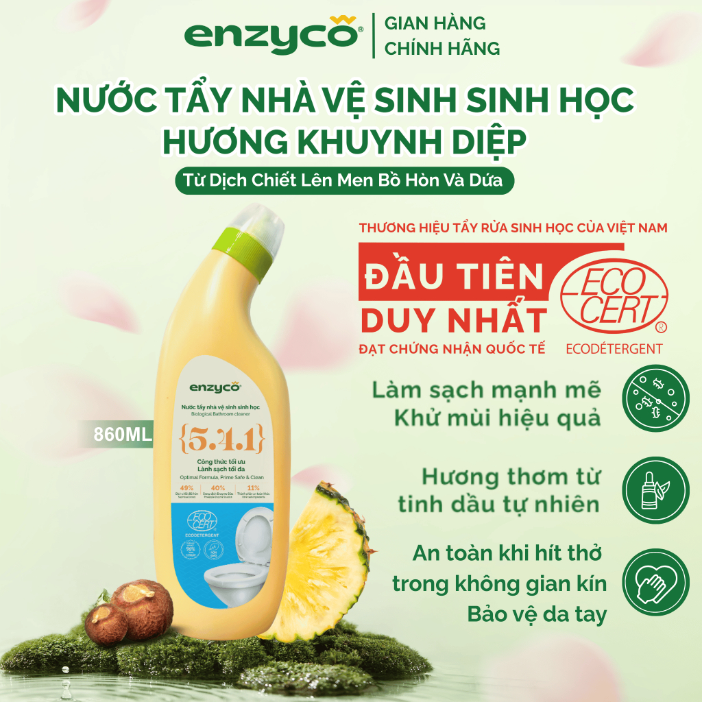 Nước Tẩy Bồn Cầu Sinh Học ENZYCO Từ Bồ Hòn & Dứa Đạt Chứng Nhận ECOCERT 860ML, Khử Mùi Diệt Khuẩn