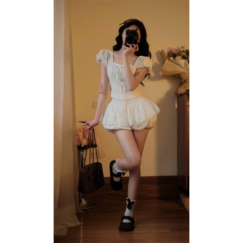 Set áo sơ mi cổ vuông + Quần bí giả váy HH117 HaLuu Store thích hợp cho mùa hè | BigBuy360 - bigbuy360.vn