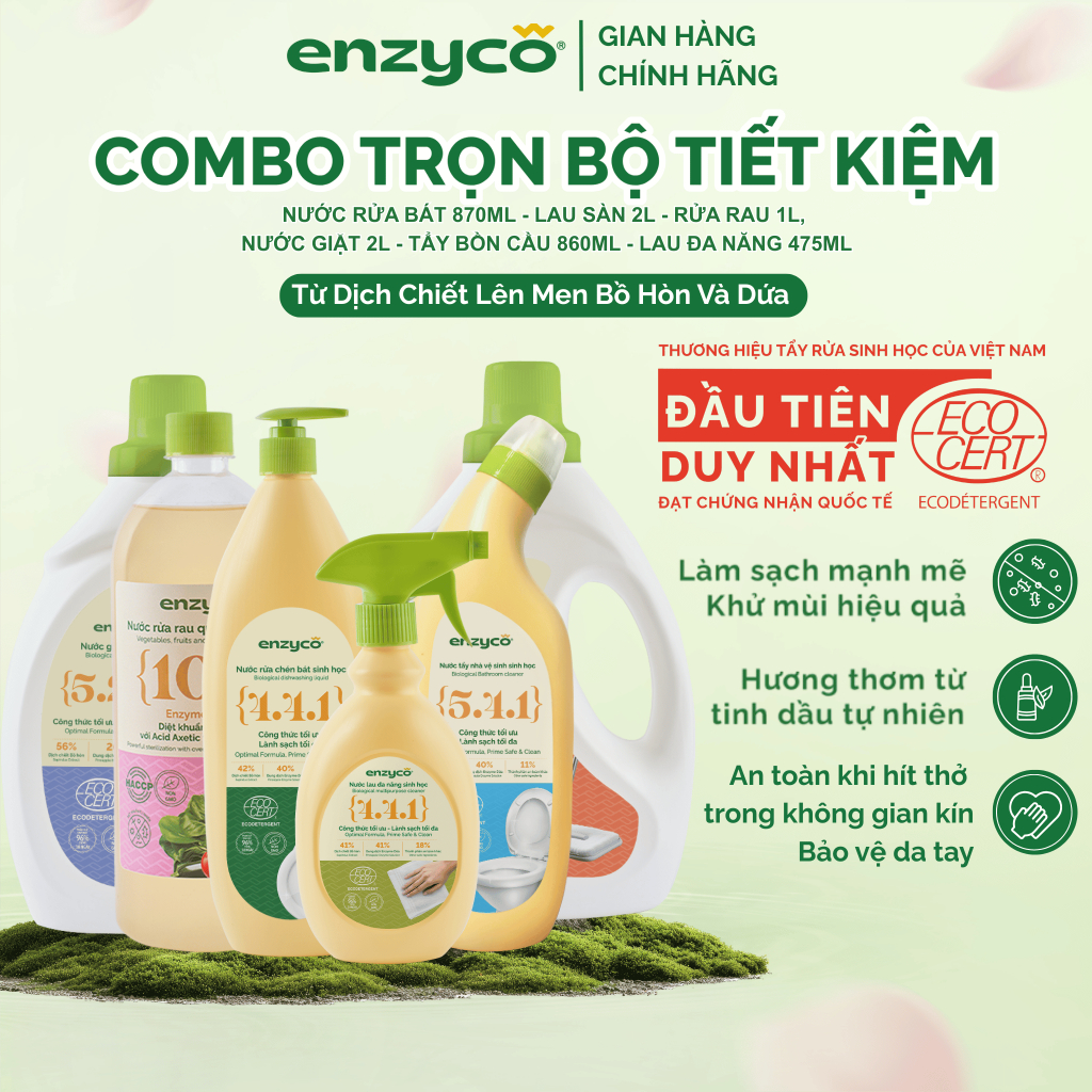Combo Trọn Bộ-Nước Rửa Bát 870ml,Lau Sàn 2L,Rửa rau 1L,Nước Giặt 2L,Tẩy Bồn Cầu 860ml,Lau Bếp 475ml