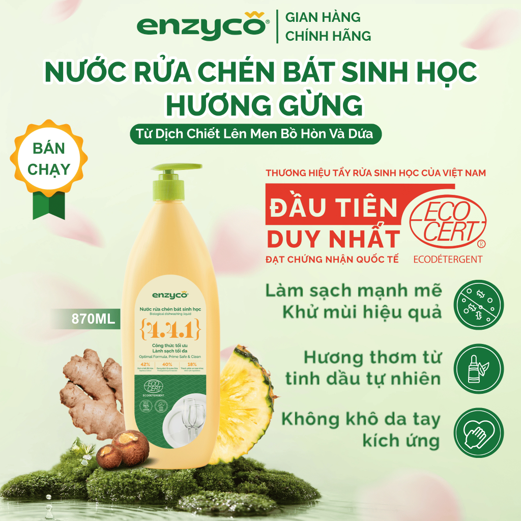 Nước Rửa Chén Bát ENZYCO Sinh Học Từ Bồ Hòn Và Dứa Đạt Chứng Nhận ECODETERGENT-ECOCERT 870ml,Dịu Nhẹ