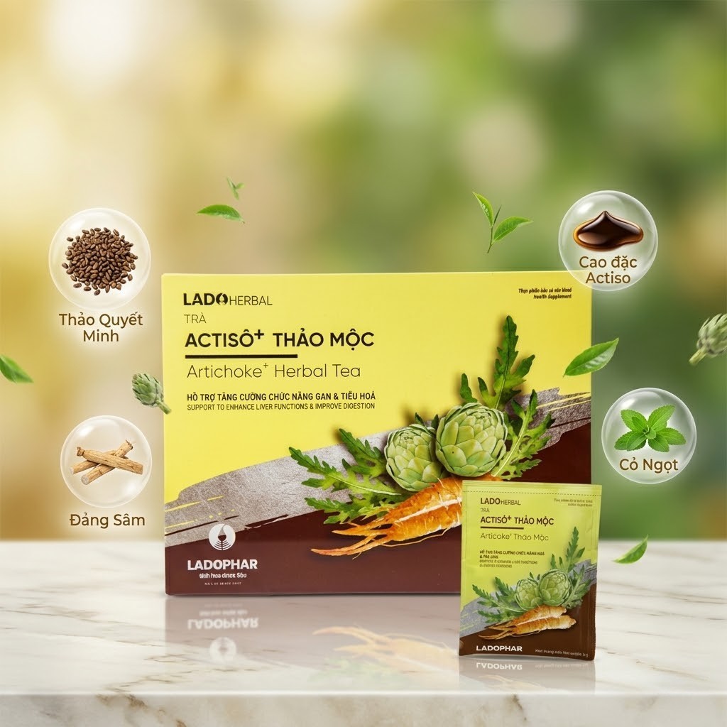 Trà túi lọc Actiso + Thảo Mộc Giúp tăng cường chức năng gan - Hộp 100 túi lọc - Chính hãng Ladophar