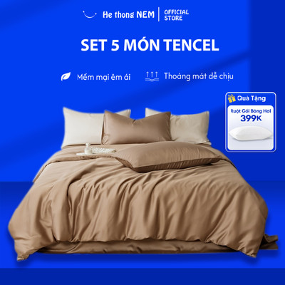 Bộ Drap Giường He thong NEM Cao Cấp Set Bộ Vỏ Chăn Ga Gối 5 Món Tencel Cotton Trải Giường Mùa Thu Mát Lạnh Ngủ Ngon