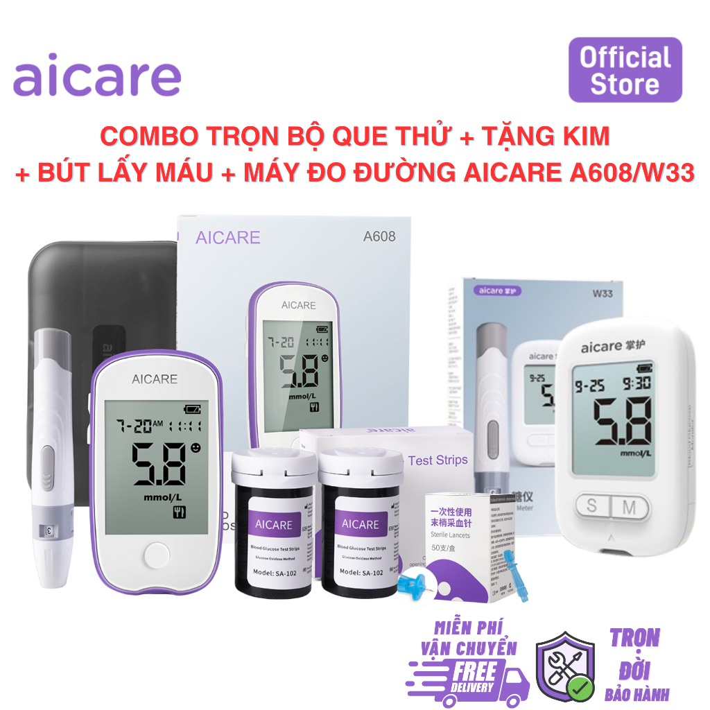Combo Que Thử Đường Huyết SA-102 Và Máy Đo Đường Huyết Chính Hãng AICARE + Tặng Kim Chích Máu