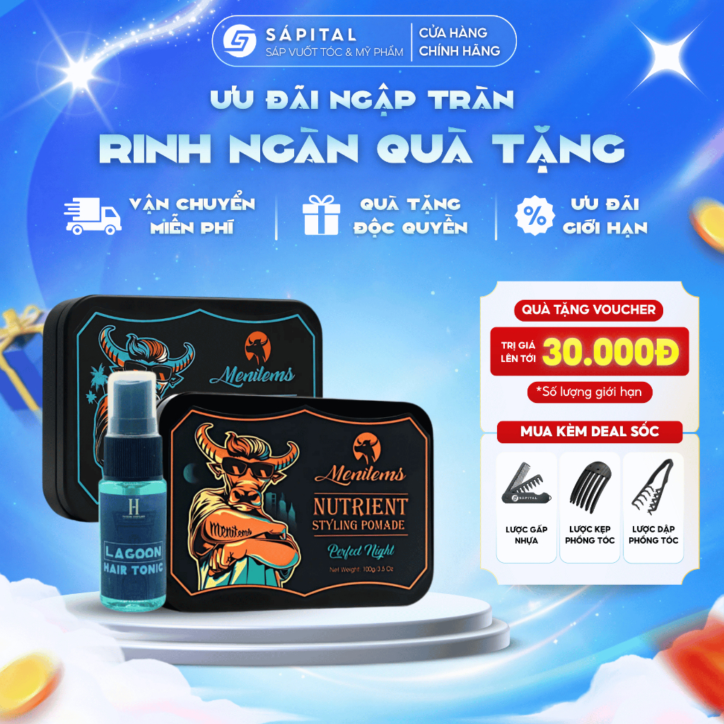 Combo Sáp vuốt tóc Menitems và Xịt tạo phồng Lagoon 20ml - Sáp dưỡng tạo kiểu, Giữ nếp tự nhiên