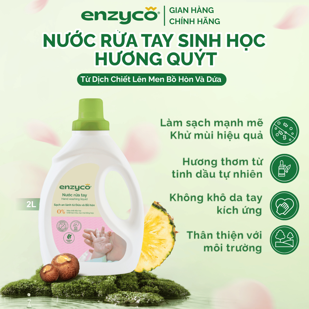 Nước Rửa Tay Sinh Học ENZYCO 2L-Chiết Xuất Bồ Hòn & Dứa, Sạch Khuẩn, Mềm Da, An Toàn Cho Bé