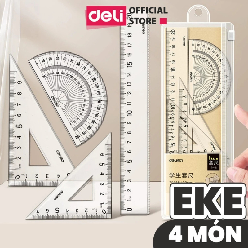 Bộ 4 dụng cụ eke học sinh Deli - 1 bộ eke thước kẻ đo góc tam giác vuông - 71988