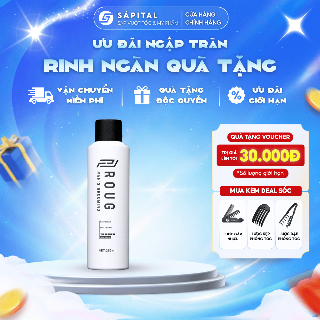 Gôm xịt tóc Roug - Gôm mềm giữ nếp linh hoạt tự nhiên, Dễ dàng gội rửa và chỉnh form sau đội mũ