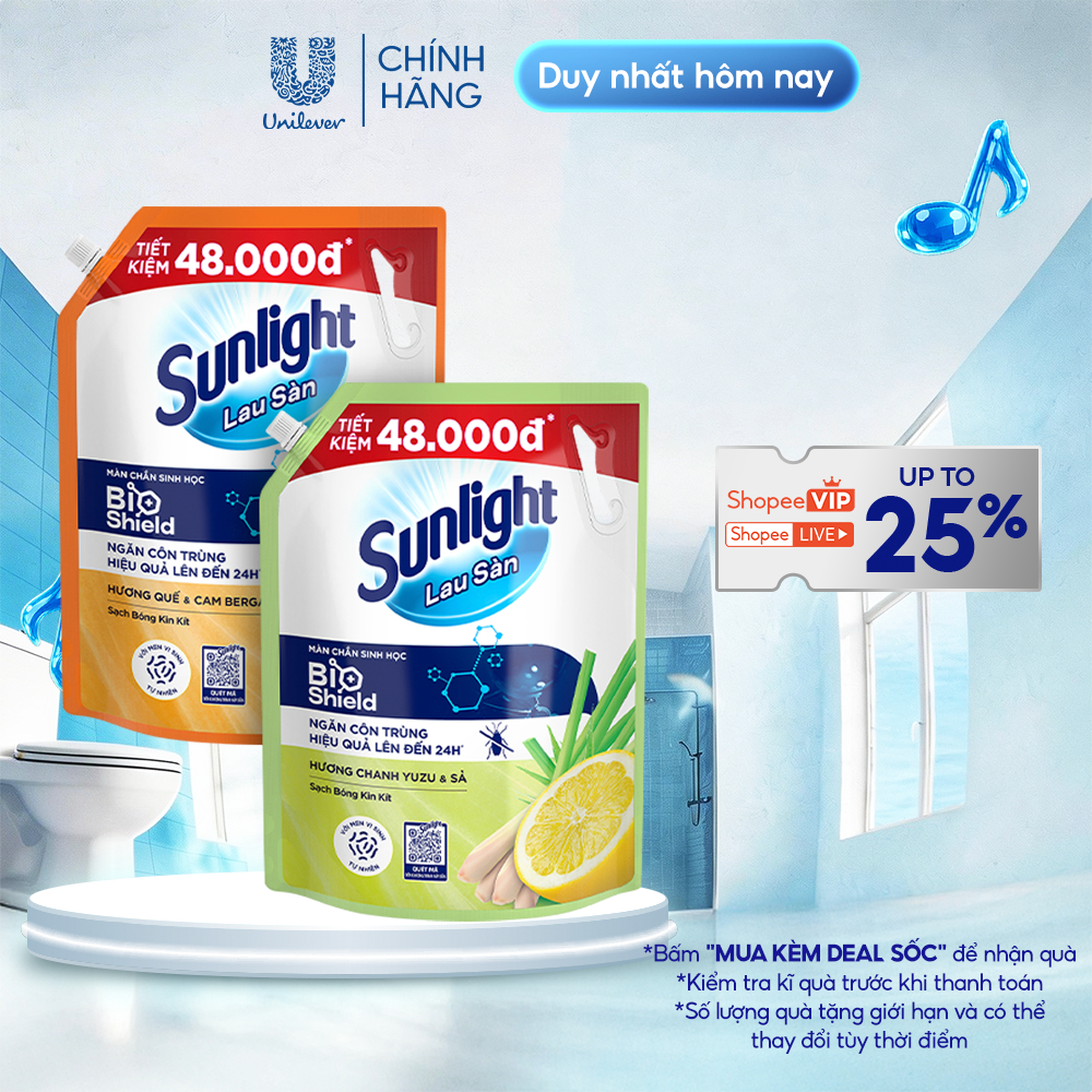 Nước lau sàn Sunlight BIOSHIELD Ngăn côn trùng hiệu quả | Túi 3,4 KG | Hương Chanh Yuzu & Sả | Hương Quế & Cam Bergamot