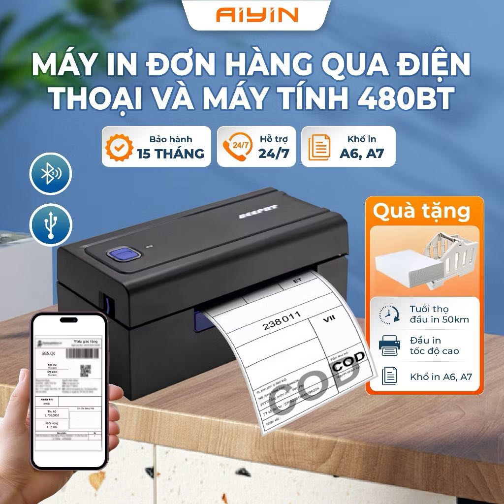 Máy In Nhiệt A6 Bluetooth AYIN 480BT Kết Nối Điện Thoại Và Máy Tính, Máy In Đơn Hàng TMĐT, In Mã Vận