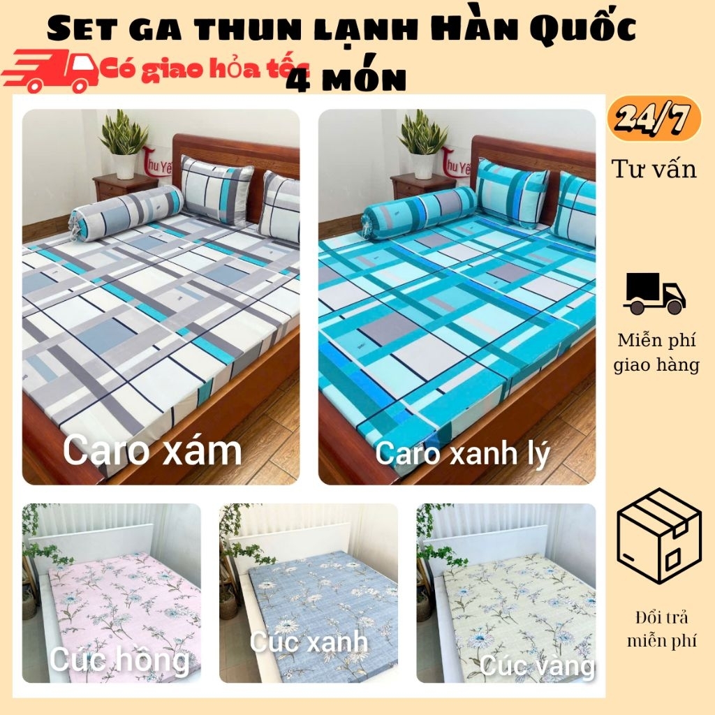 Bộ ga giường 4 món thun hoạ tiết, ga thun lạnh hàn quoc bô ga thun lanh .gra chãi giường , set ga th